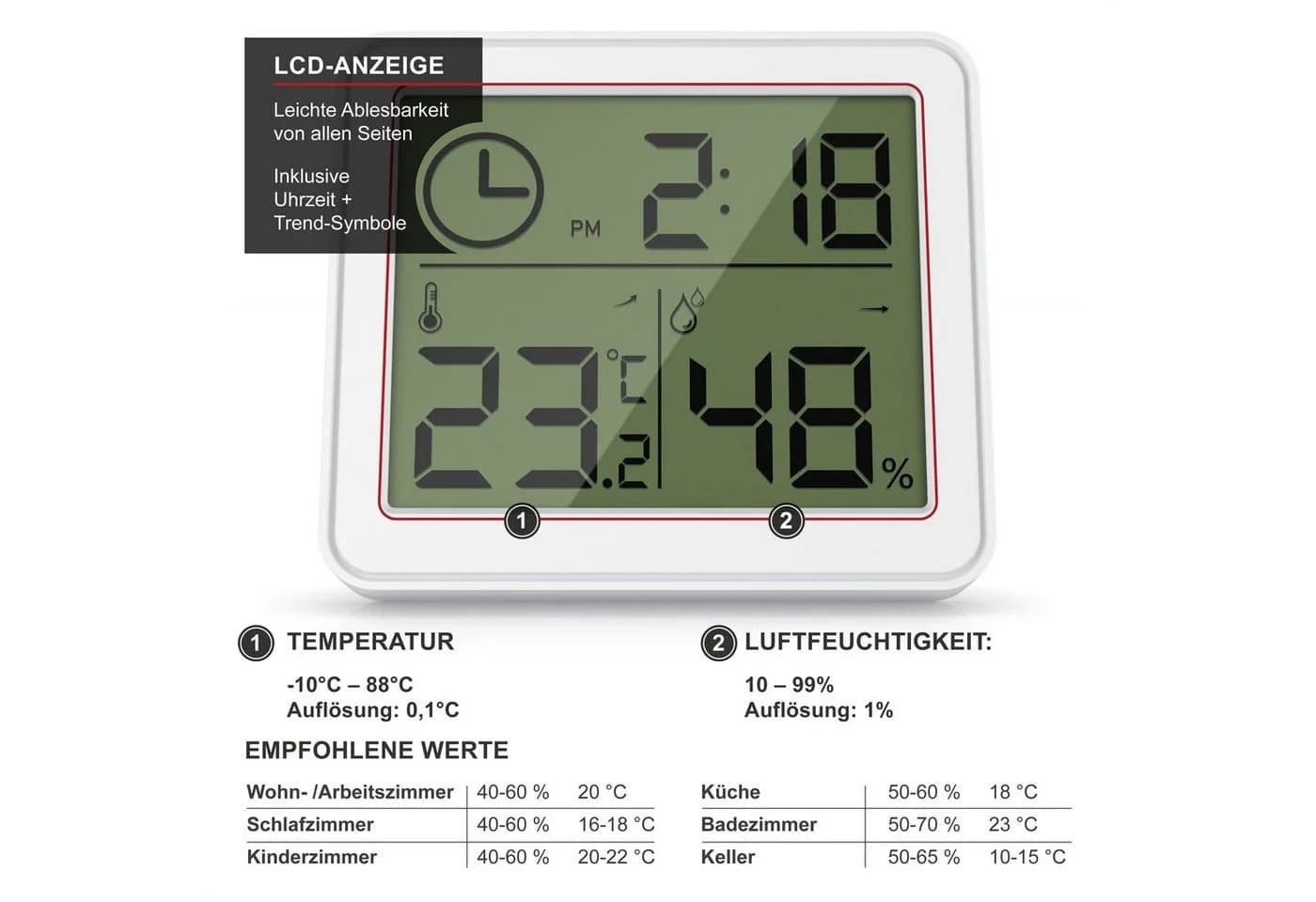 BEARWARE Thermo-Hygrometer mit LCD-Anzeige, Magnet & Standfuß, Weiß - Bild 5