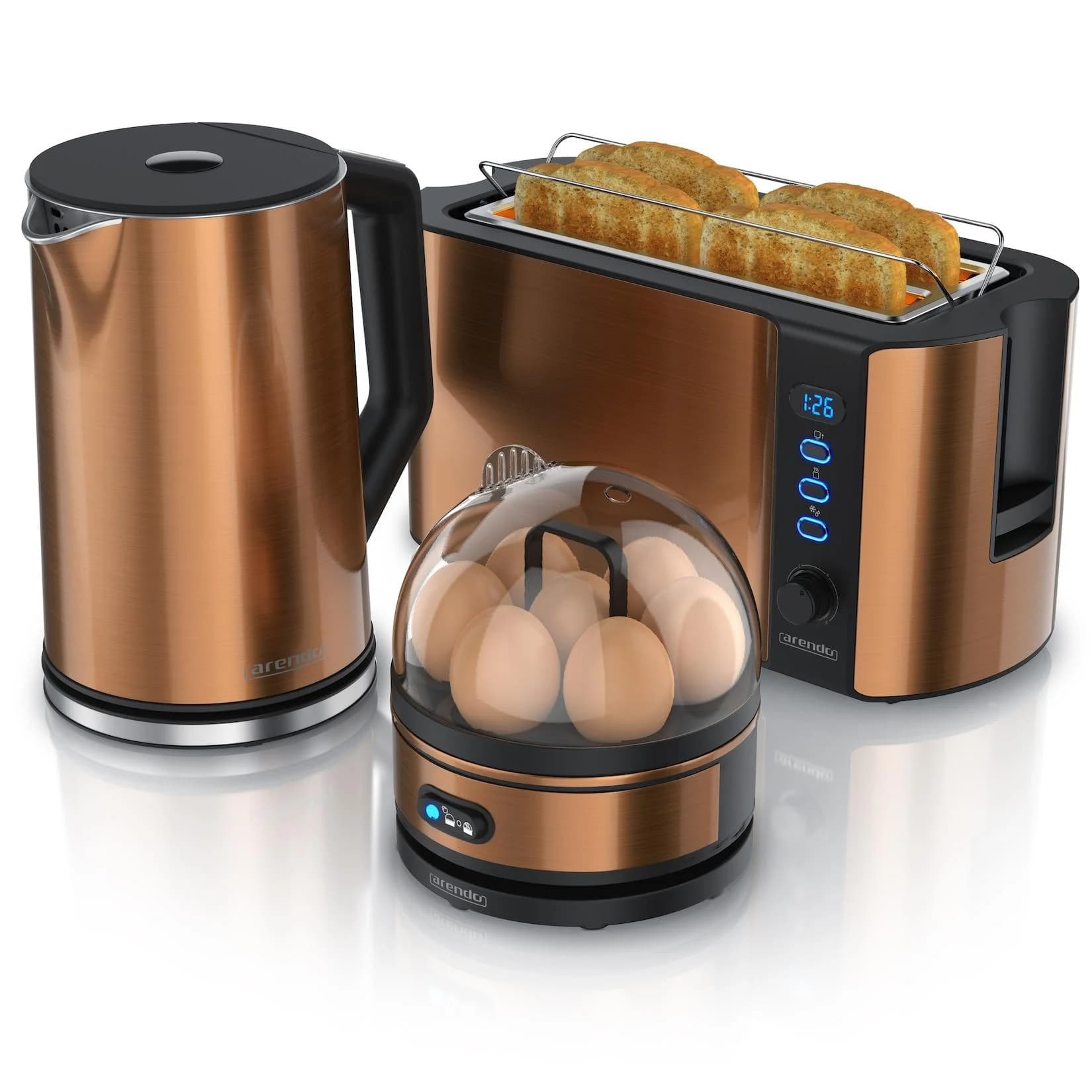 Arendo Wasserkocher mit Toaster und Eierkocher Set Edelstahl Kupfer 1,5L