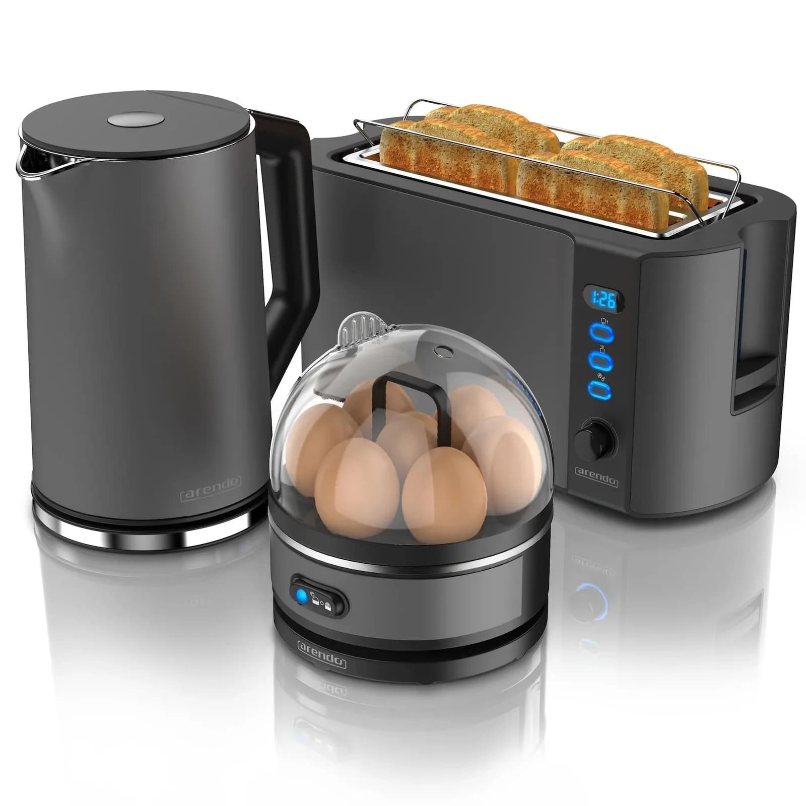 Arendo Wasserkocher mit Toaster und Eierkocher Set Edelstahl Grau 1,5L