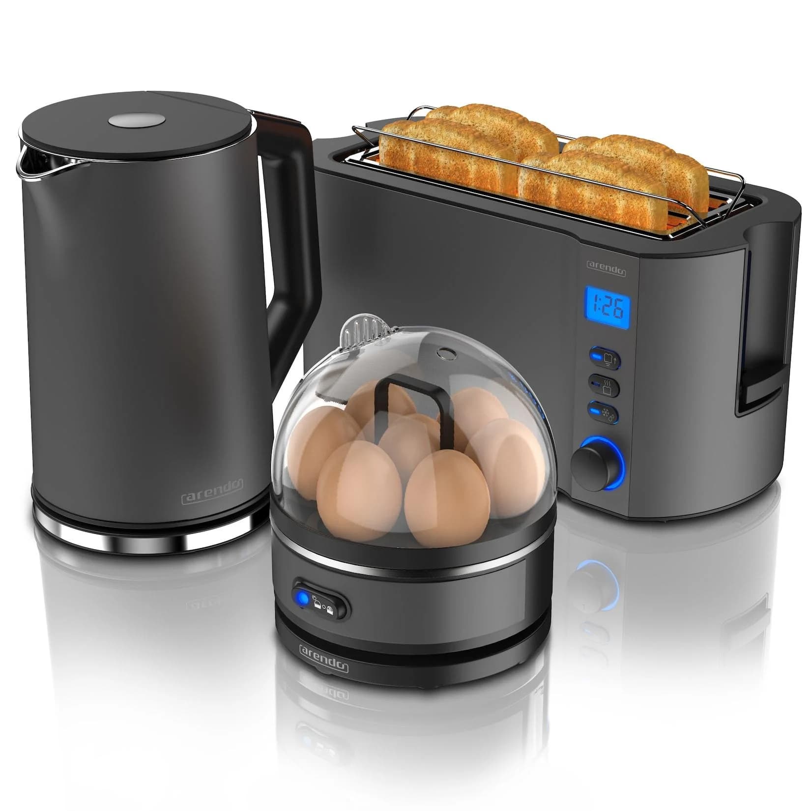 Arendo SET Toaster MANHA mit Eierkocher SEVENCOOK Edelstahl Grau, 4 Scheiben, LED-Display, 6 Bräunungsgrade, Brötchenhalter - Eierkocher 1-7