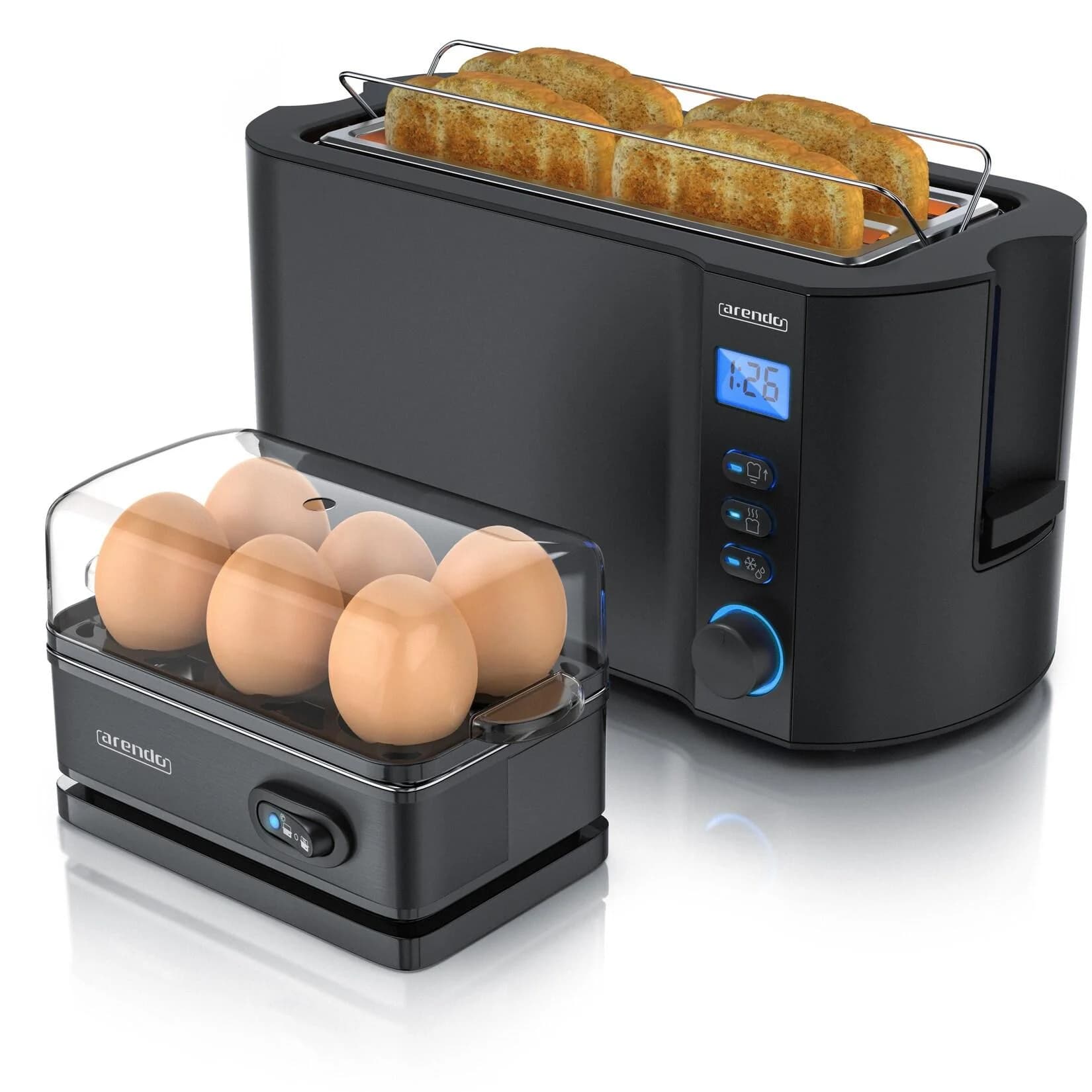 Arendo Toaster MANHA mit Eierkocher SIXCOOK 4 Scheiben LED-Display 6 Bräunungsgrade