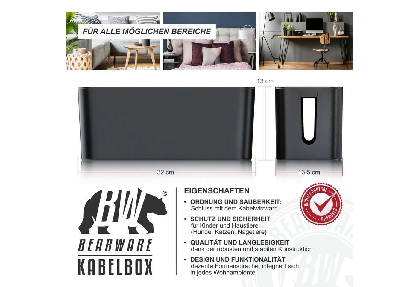 BEARWARE Kabelbox Schwarz mit Gummifüßen - Kabelmanagement Box - Bild 3