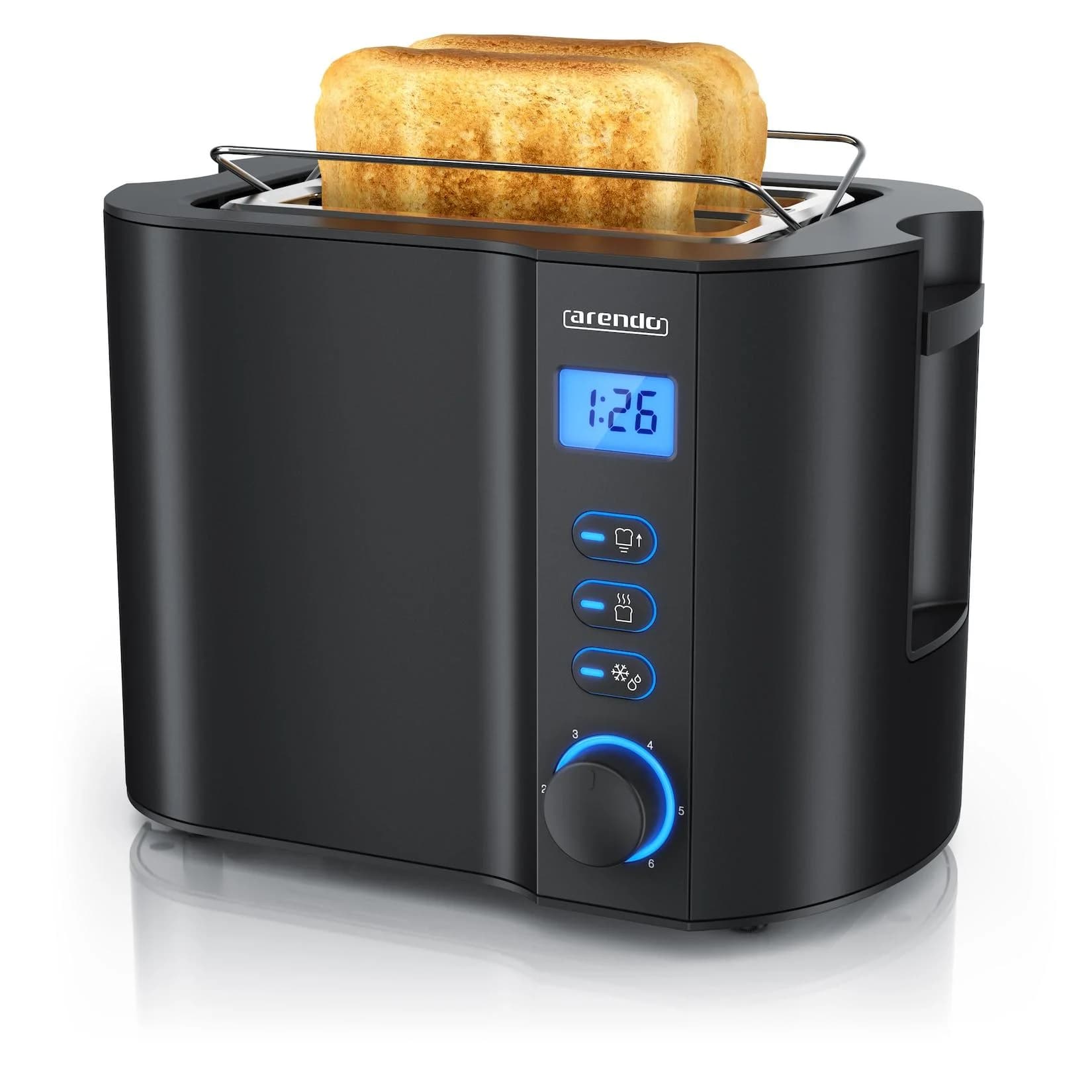 Arendo 2-Scheiben Toaster mit 6 Bräunungsstufen, LCD-Display, 800 Watt, Auftaufunktion, Brötchenaufsatz, Schwarz