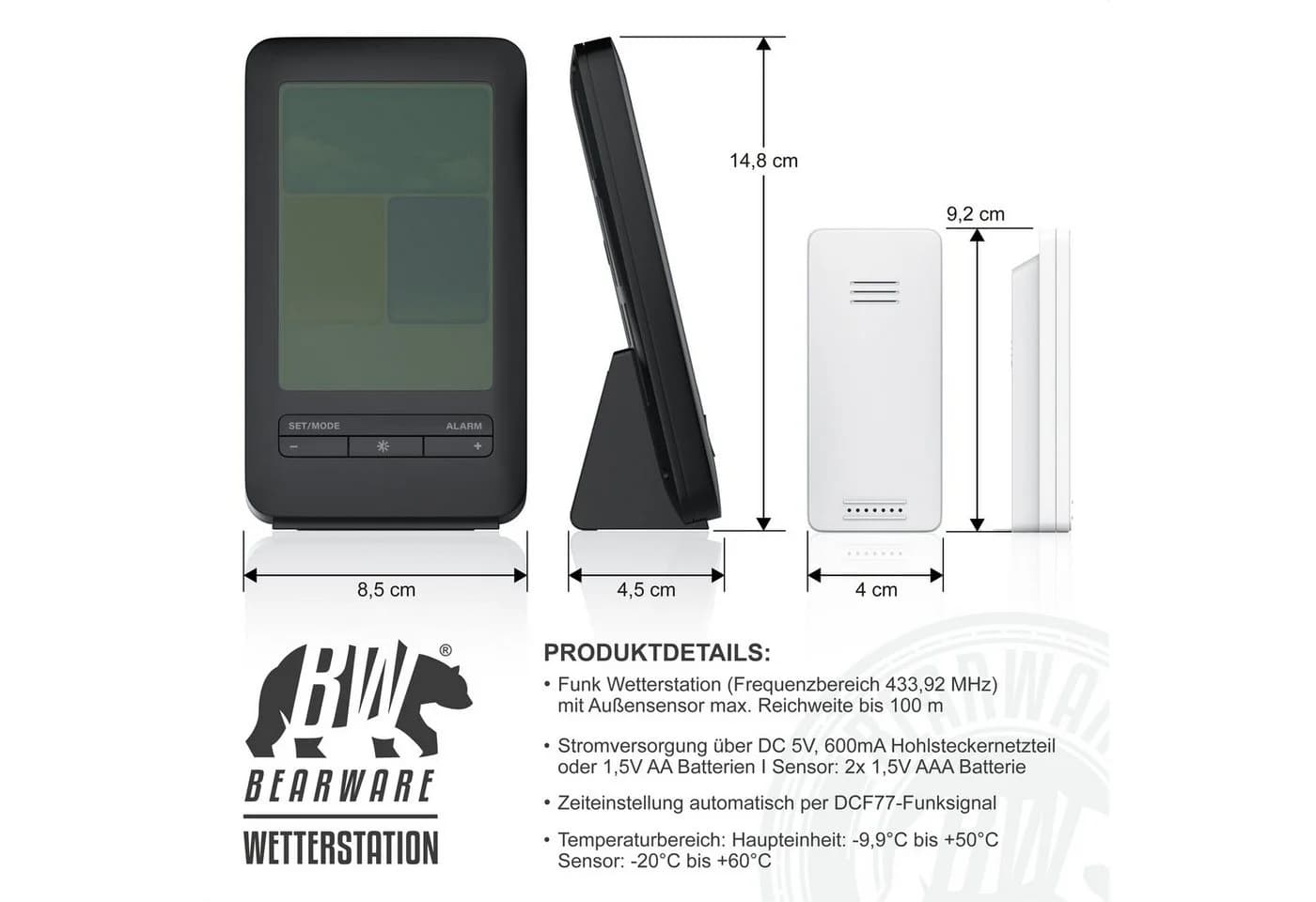 BEARWARE Wetterstation Funk mit Farbdisplay und Außensensor DCF Signal