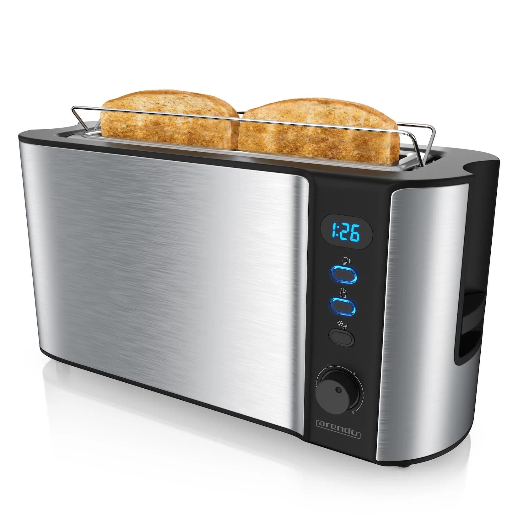 Arendo Toaster Langschlitz 2 Scheiben 1000 W Brötchenaufsatz Wärmeisoliert Display Edelstahl