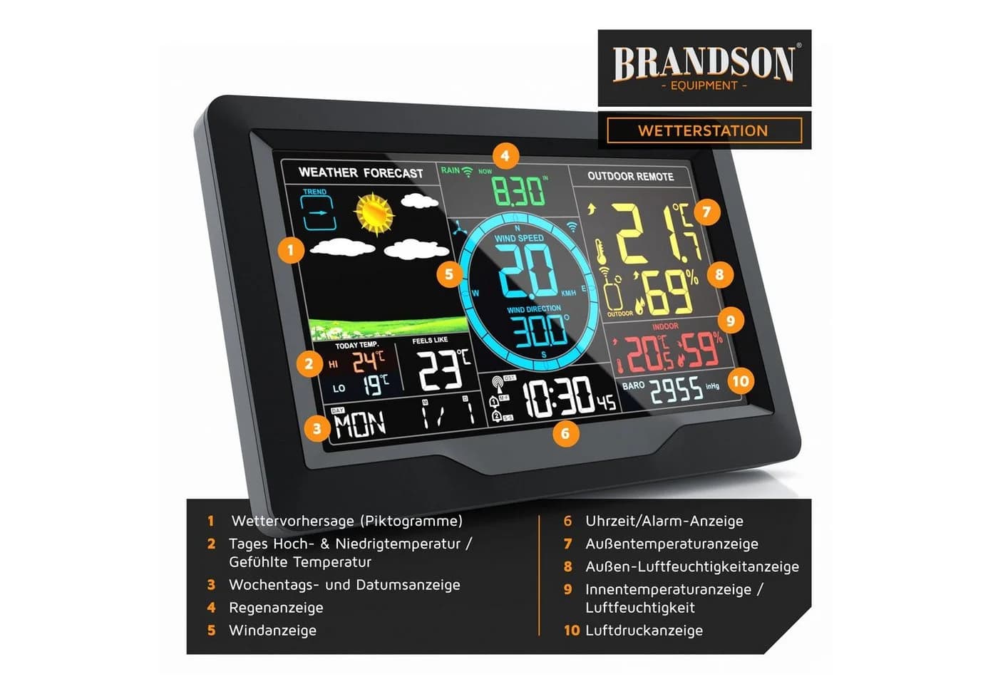 Brandson Funkwetterstation 5-in-1 Außensensor LED Farbdisplay DCF - Bild 2