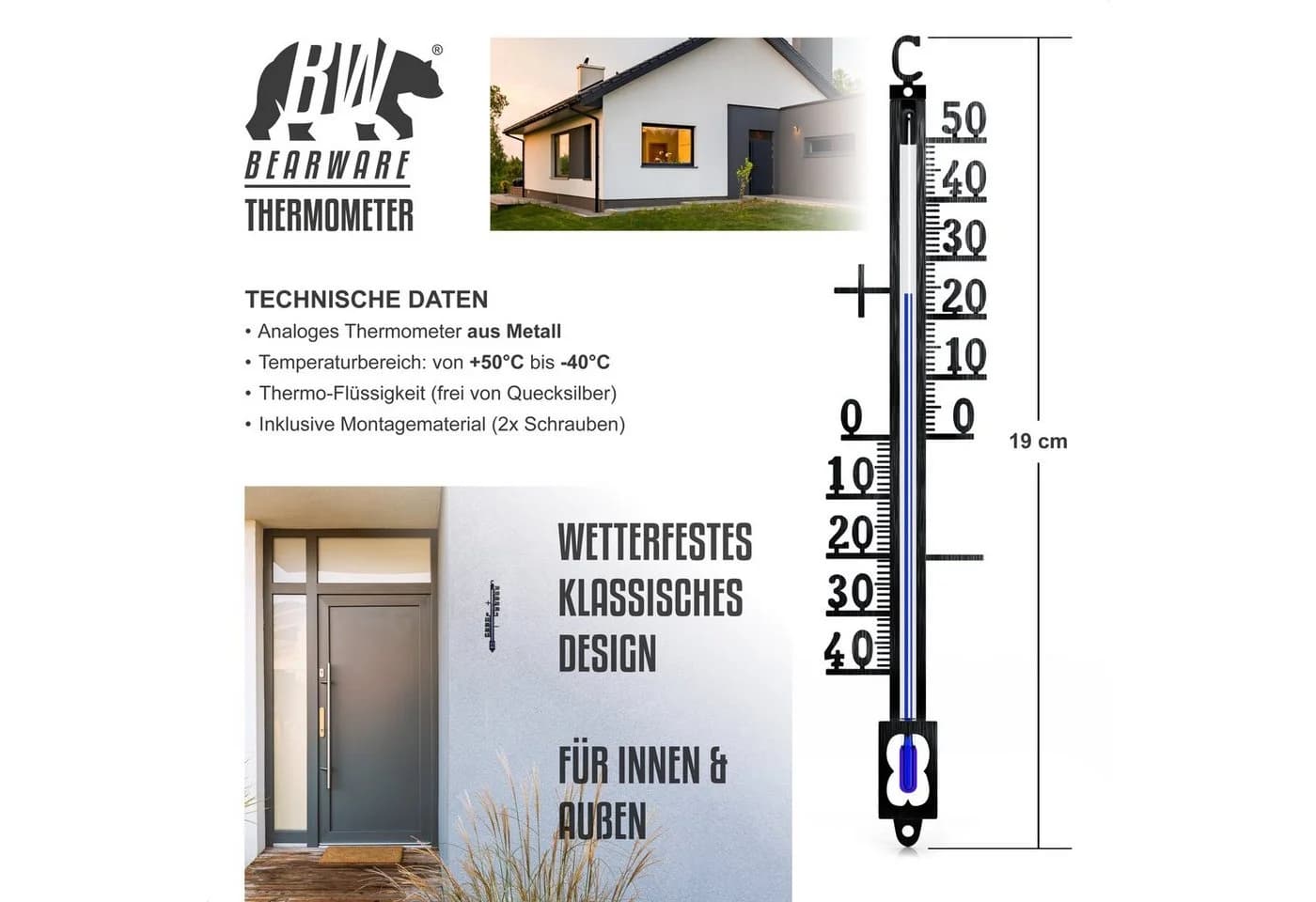 BEARWARE Analoges Thermometer aus Metall Schwarz Wetterfest