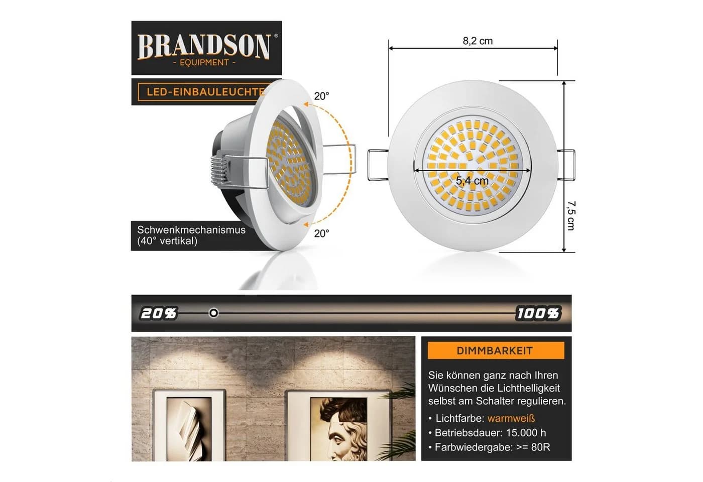 Brandson LED Einbaustrahler schwenkbar dimmbar warmweiß 3000K