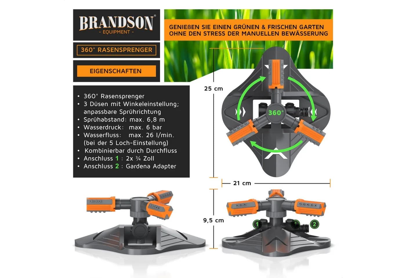 Brandson 2x Kreisregner Garten Sprinkler 360° Rasensprenger 3 Arm - Bild 2