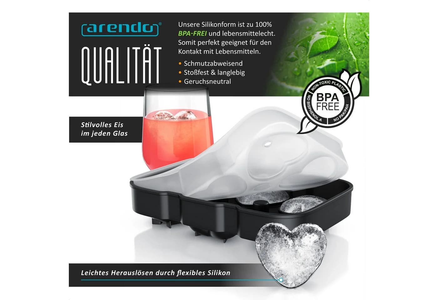 Arendo Eiswürfelform 6x Herzform Schwarz Silikon - Bild 5