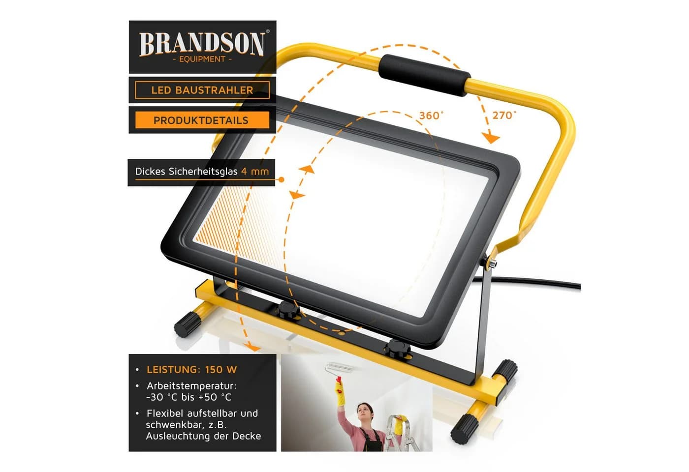 Brandson LED Baustrahler 150W Warmweiß IP65 Wetterfest - Bild 5