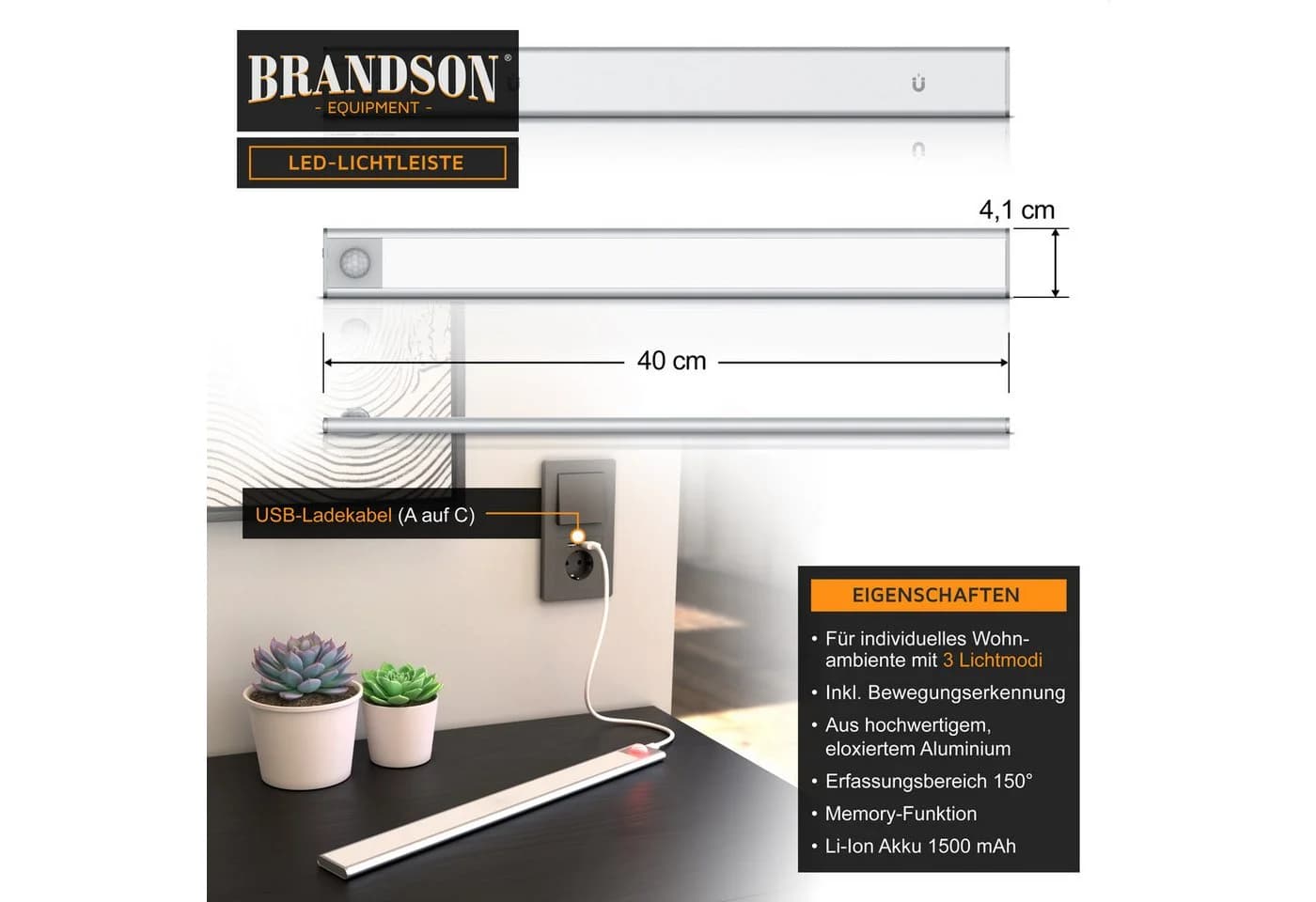 Brandson LED-Unterschrankleuchte mit Bewegungsmelder, 3 Lichtfarben, Dimmbar
