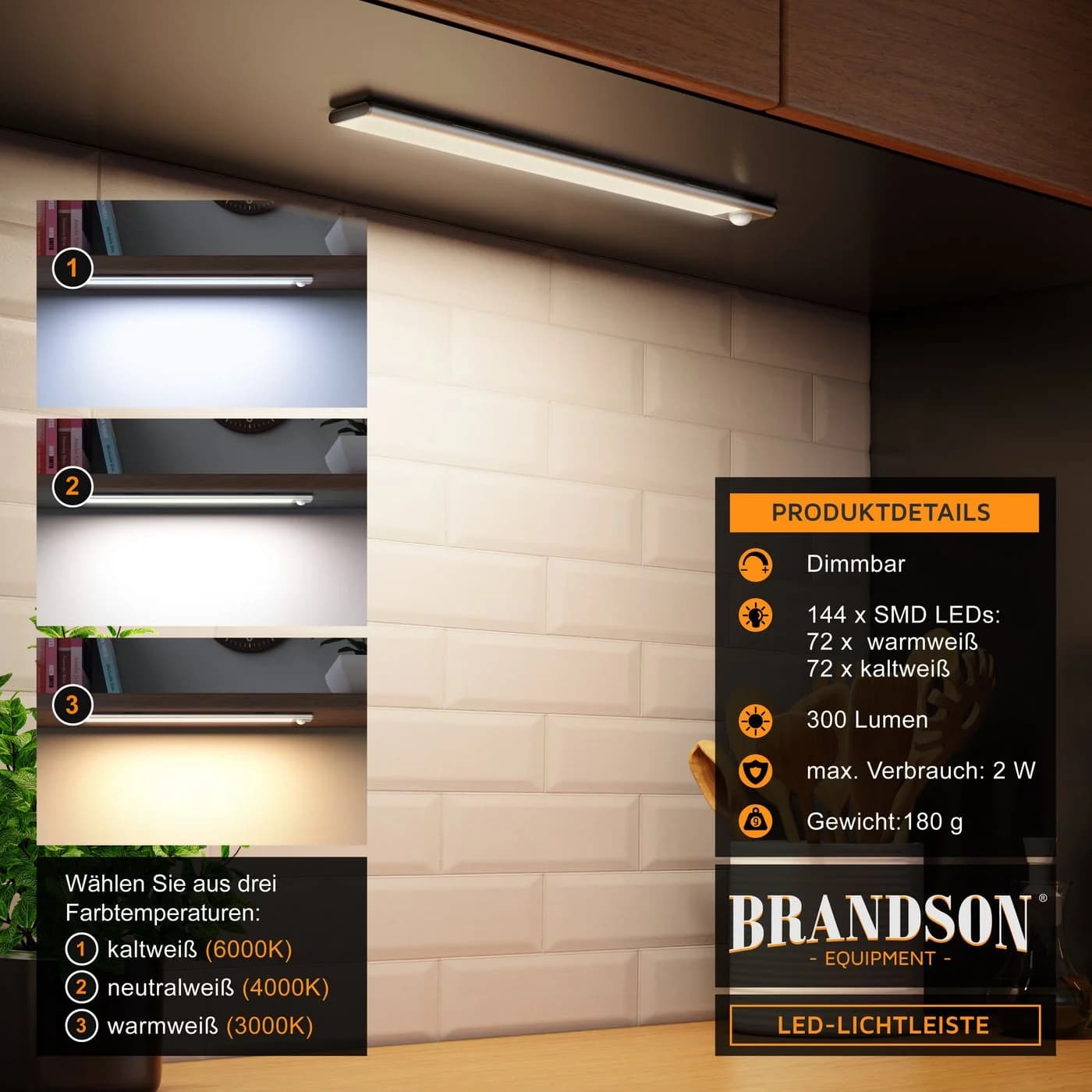 Brandson LED-Unterschrankleuchte mit Bewegungsmelder, 3 Lichtfarben, Dimmbar - Bild 5