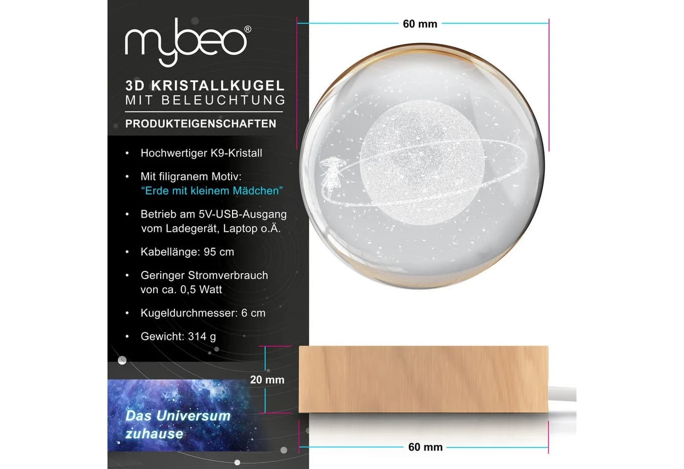 MyBeo LED Dekolicht 3D Glaskugel K9 Kristall RGB Farbwechsel
