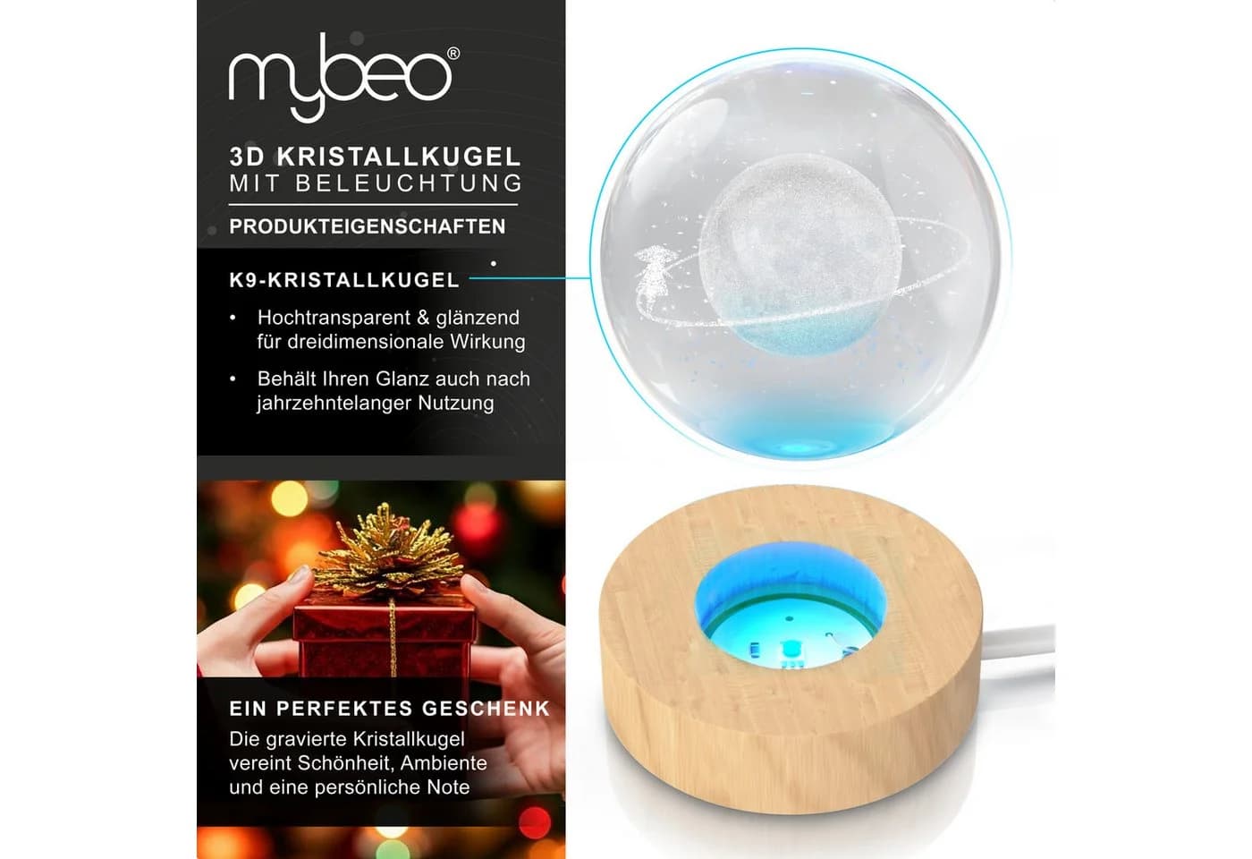 MyBeo LED Dekolicht 3D Glaskugel K9 Kristall RGB Farbwechsel - Bild 3
