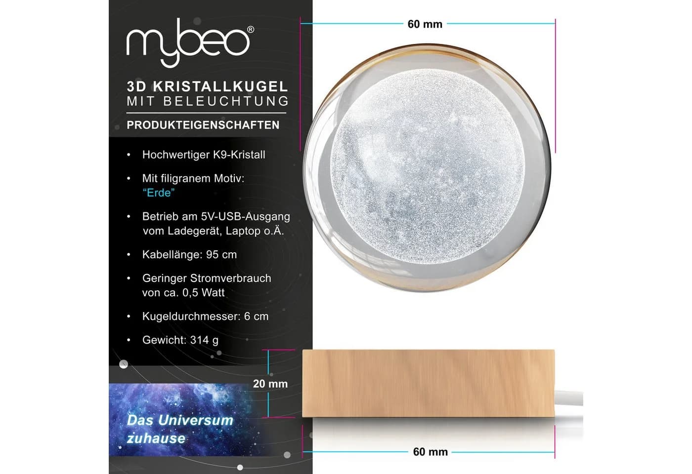 MyBeo LED Dekolicht 3D Glaskugel, Leuchtende Kristallkugel mit Gravur, Nachtlicht Skulptur, Farbwechsel, RGB LED, K9 Kristall, Holzsockel