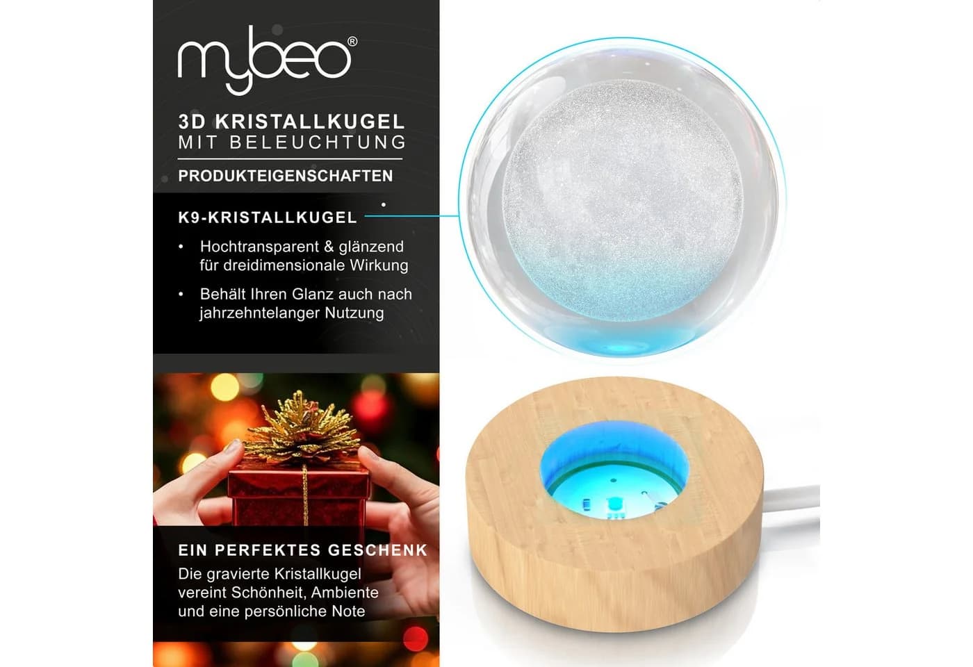 MyBeo LED Dekolicht 3D Glaskugel, Leuchtende Kristallkugel mit Gravur, Nachtlicht Skulptur, Farbwechsel, RGB LED, K9 Kristall, Holzsockel - Bild 3