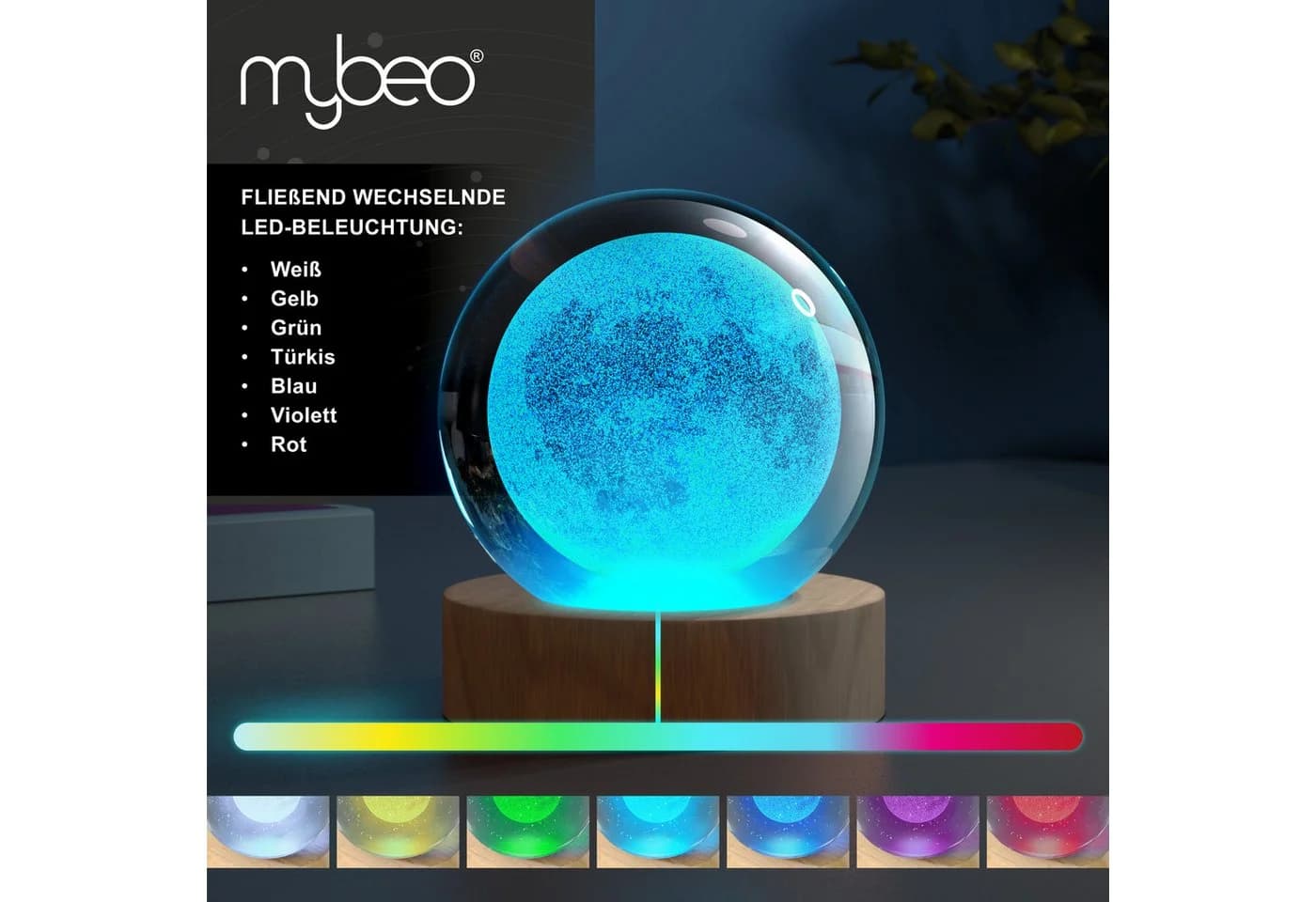 MyBeo LED Dekolicht 3D Glaskugel, Leuchtende Kristallkugel mit Gravur, Nachtlicht Skulptur, Farbwechsel, RGB LED, K9 Kristall, Holzsockel - Bild 5