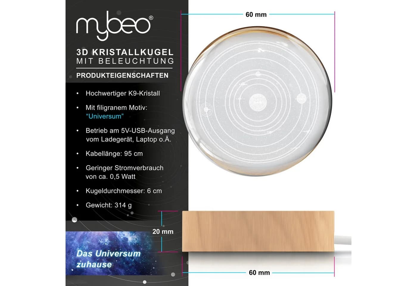 MyBeo LED Dekolicht 3D Glaskugel mit Gravur und Farbwechsel