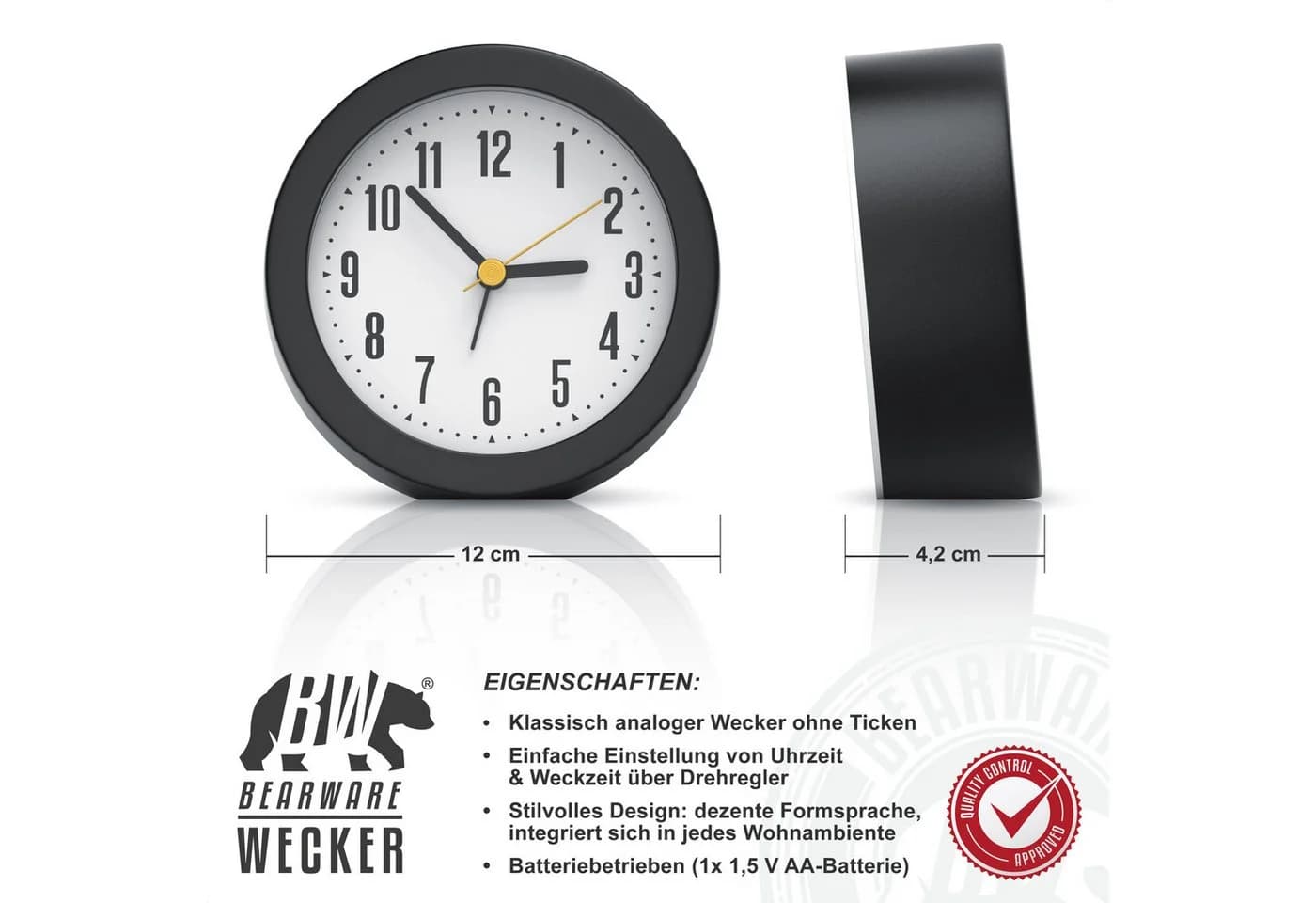 BEARWARE Retro Wecker Schwarz Weiß Großes Ziffernblatt Batteriebetrieben