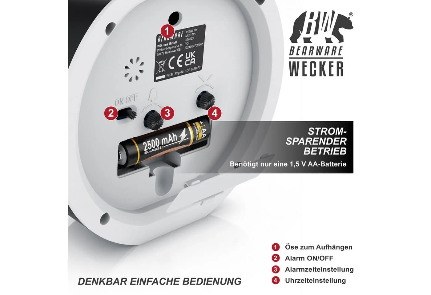 BEARWARE Retro Wecker Schwarz Weiß Großes Ziffernblatt Batteriebetrieben - Bild 3