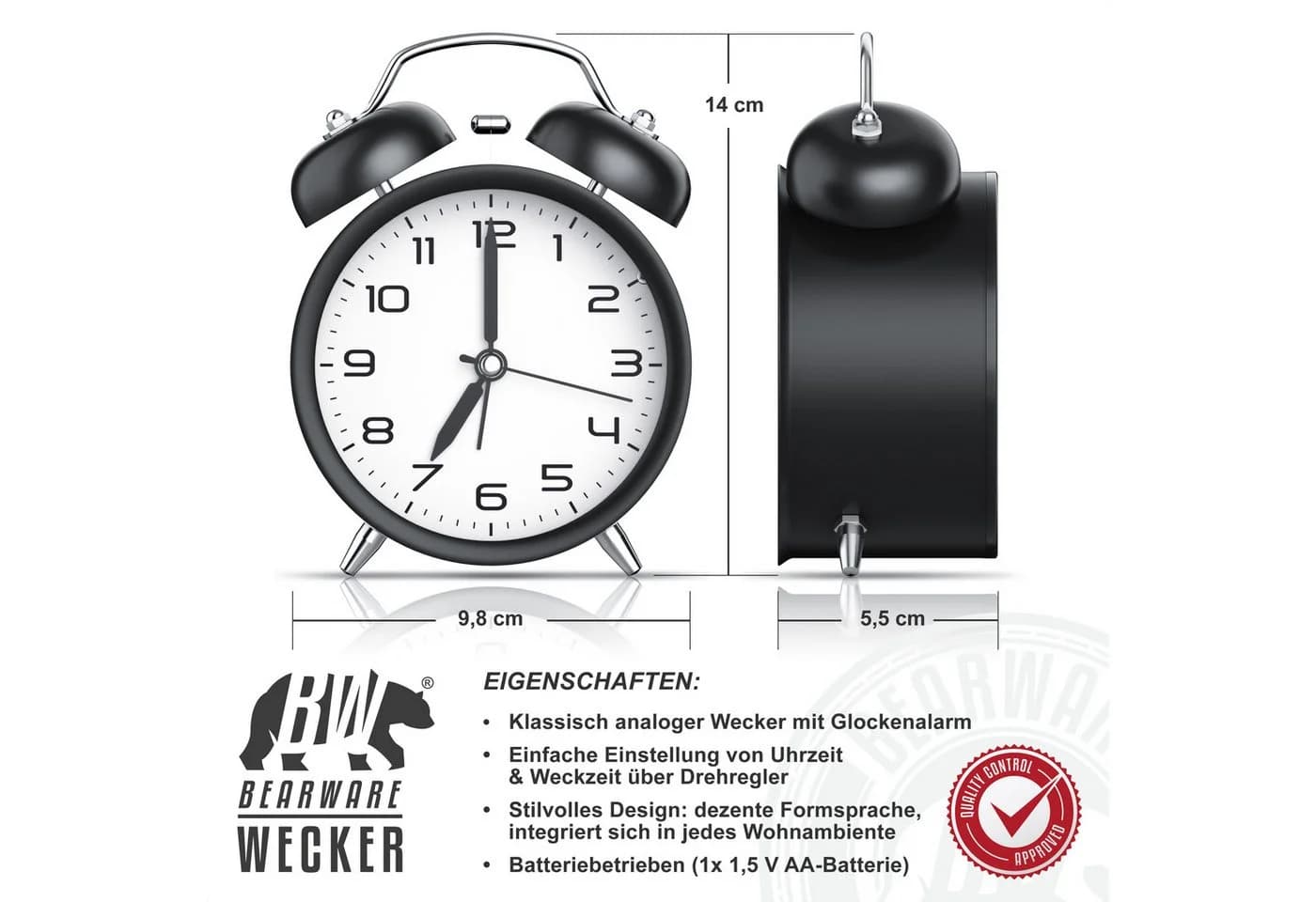 BEARWARE Wecker Analog Retro Weiß LED Beleuchtung Glockenalarm