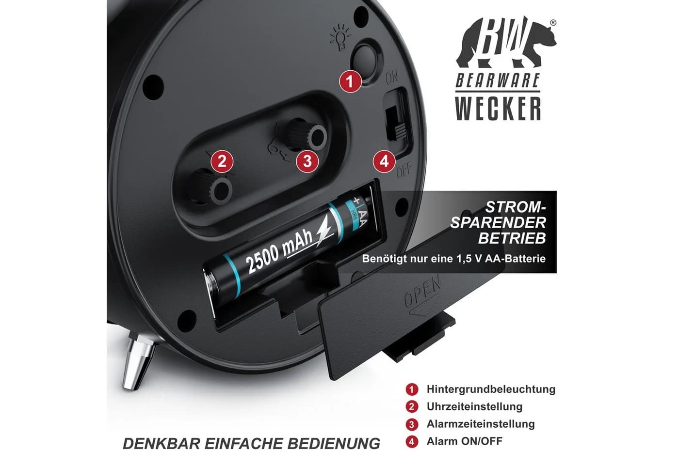 BEARWARE Wecker Analog Retro Weiß LED Beleuchtung Glockenalarm - Bild 4