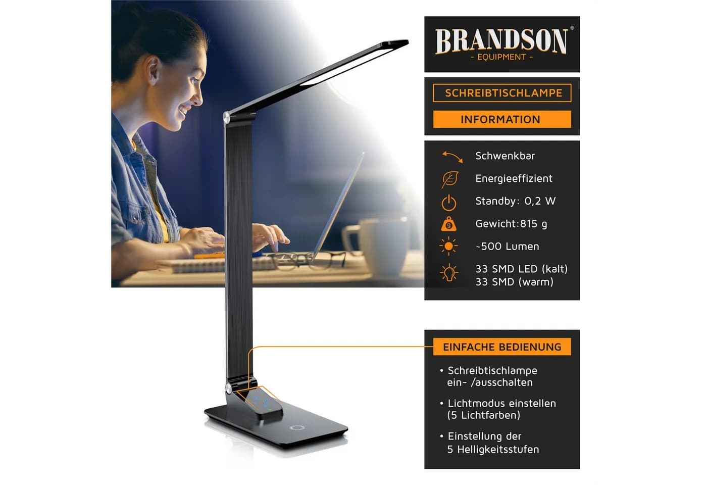 Brandson Schreibtischlampe Metall Schwarz mit Wireless Charging und USB