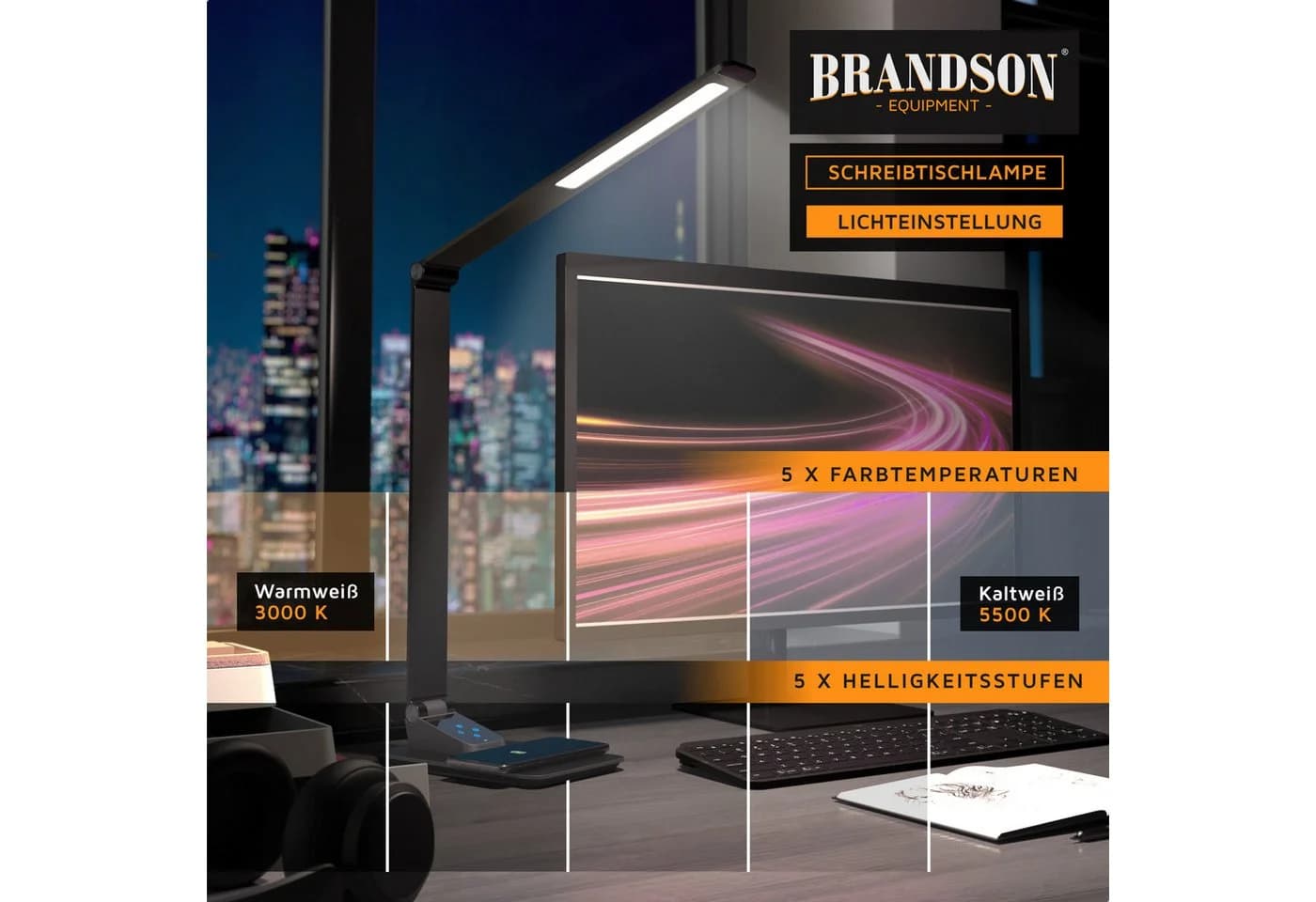 Brandson Schreibtischlampe Metall Schwarz mit Wireless Charging und USB - Bild 3