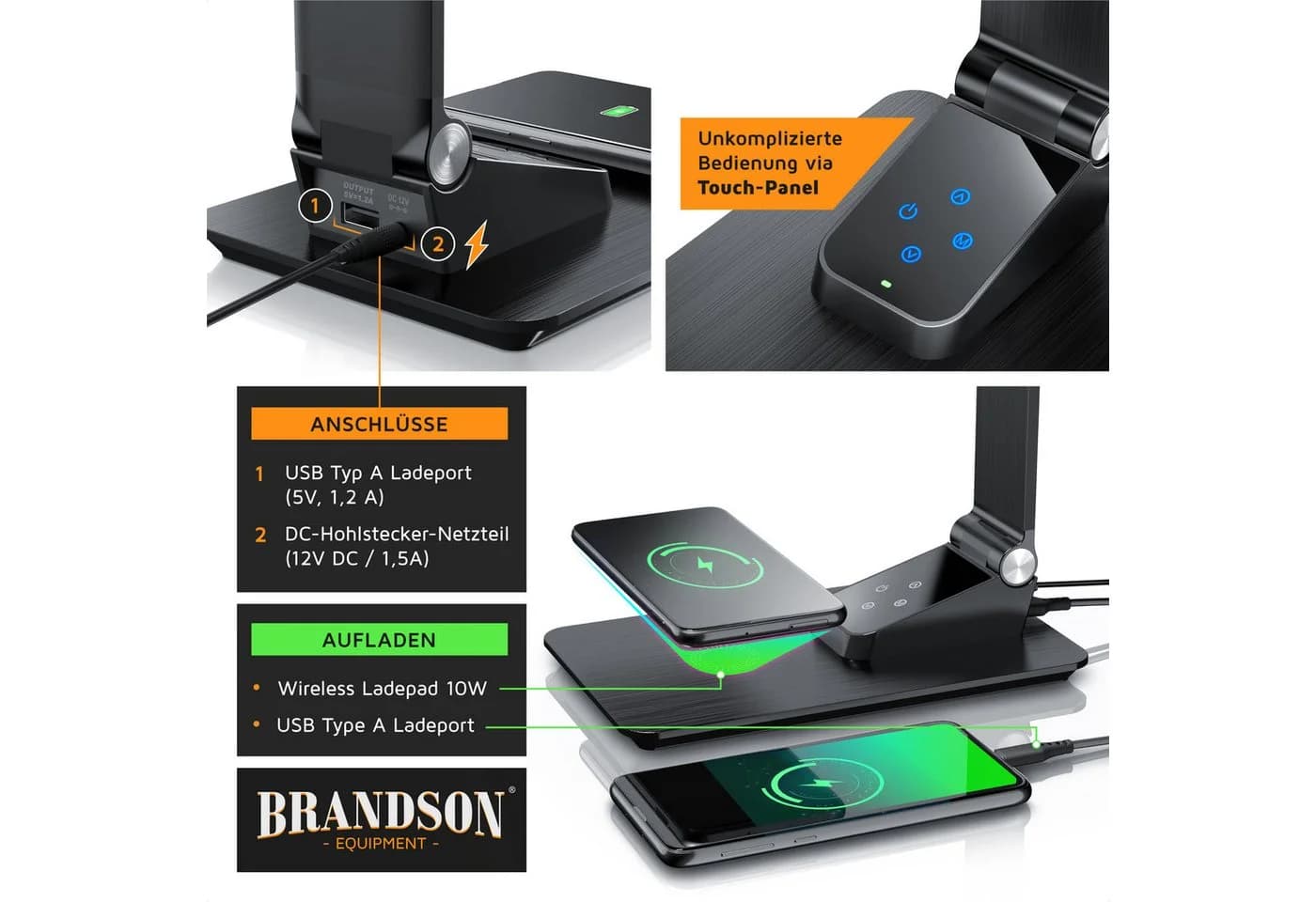 Brandson Schreibtischlampe Metall Schwarz mit Wireless Charging und USB - Bild 4