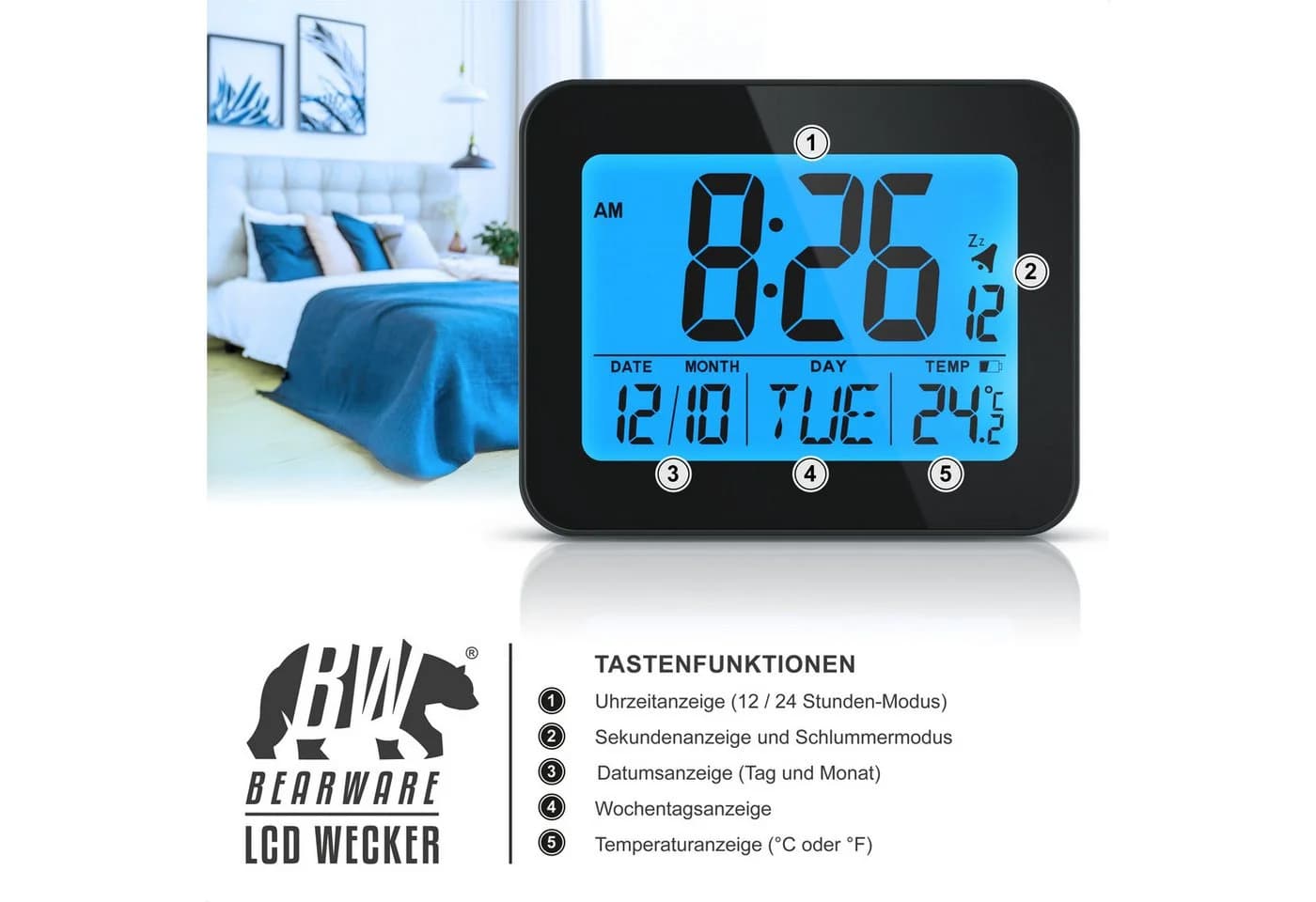 BEARWARE Digitalwecker Kompakt mit Temperaturanzeige und LCD - Bild 3