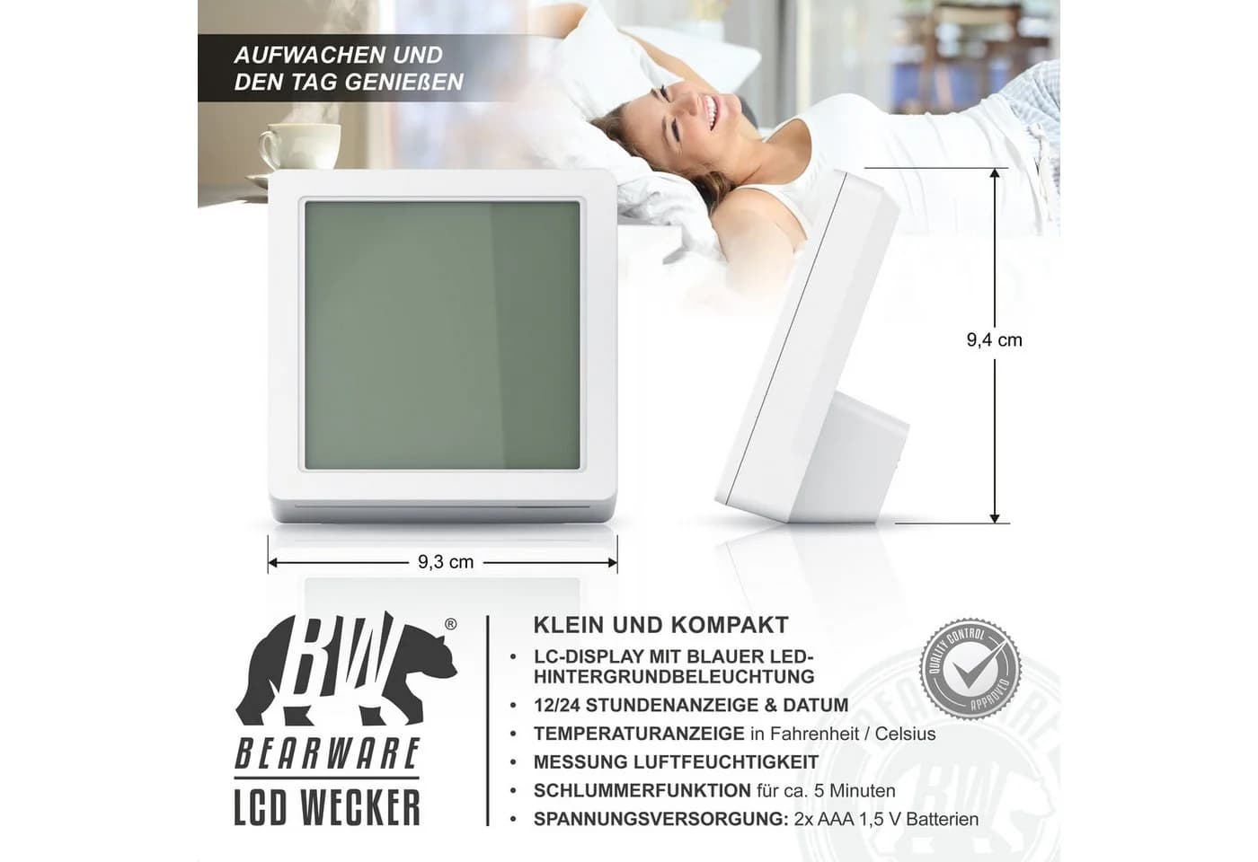 BEARWARE Digitalwecker LCD mit Temperatur, Luftfeuchtigkeit & Schlummerfunktion