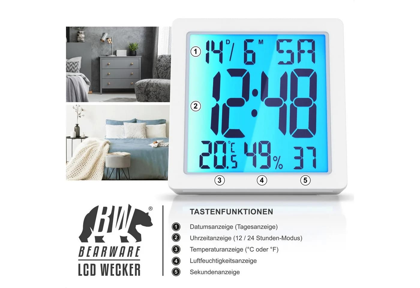 BEARWARE Digitalwecker LCD mit Temperatur, Luftfeuchtigkeit & Schlummerfunktion - Bild 3