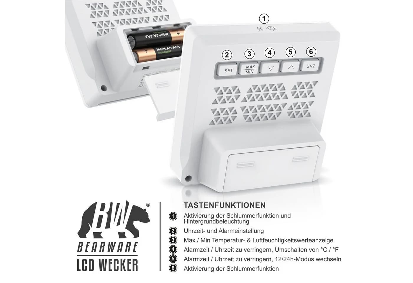 BEARWARE Digitalwecker LCD mit Temperatur, Luftfeuchtigkeit & Schlummerfunktion - Bild 4