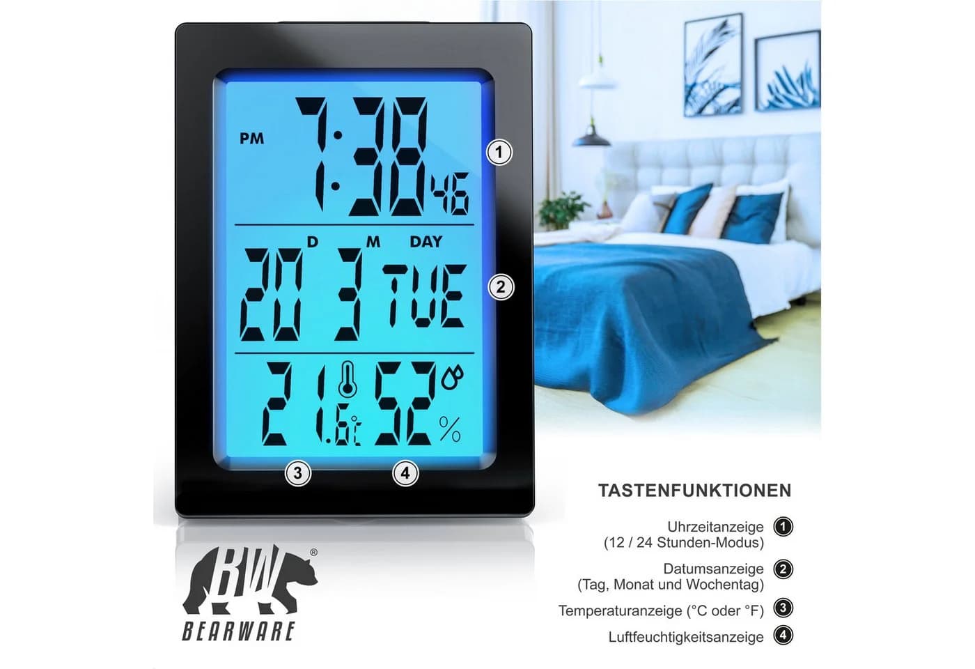 BEARWARE Digitalwecker Schwarz mit Temperaturanzeige & 2 Alarmen - Bild 3