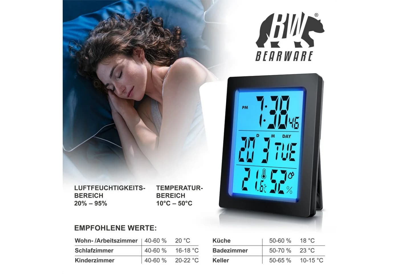BEARWARE Digitalwecker Schwarz mit Temperaturanzeige & 2 Alarmen - Bild 4