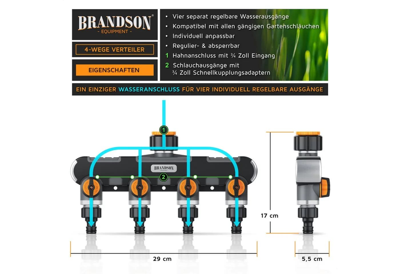 Brandson 4-Wege Wasserverteiler mit 4 regelbaren Ausgängen