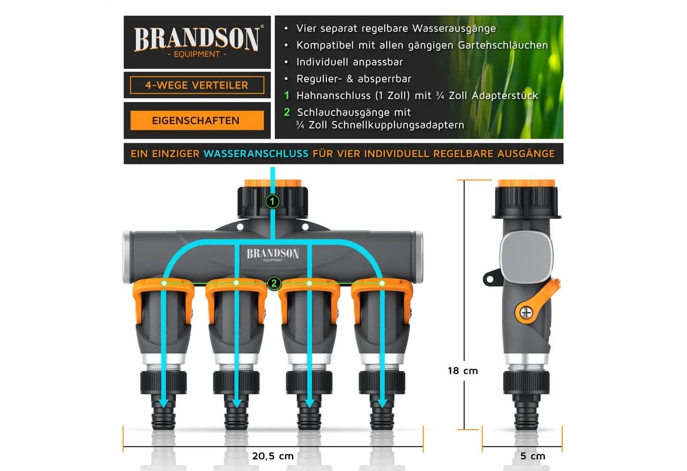 Brandson 4-Wege Wasserverteiler Schwarz/Orange mit 4 Ausgängen