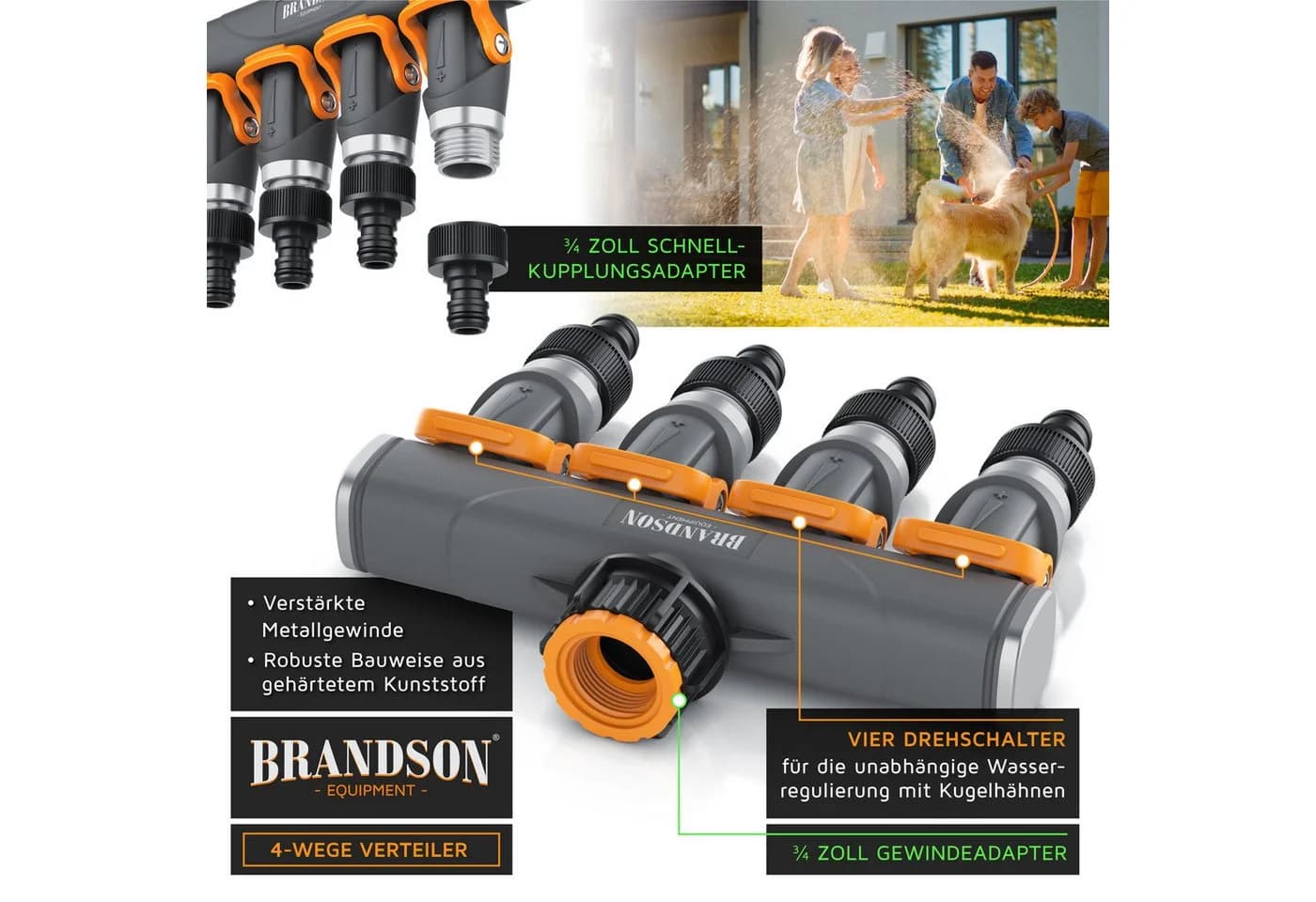 Brandson 4-Wege Wasserverteiler Schwarz/Orange mit 4 Ausgängen - Bild 3