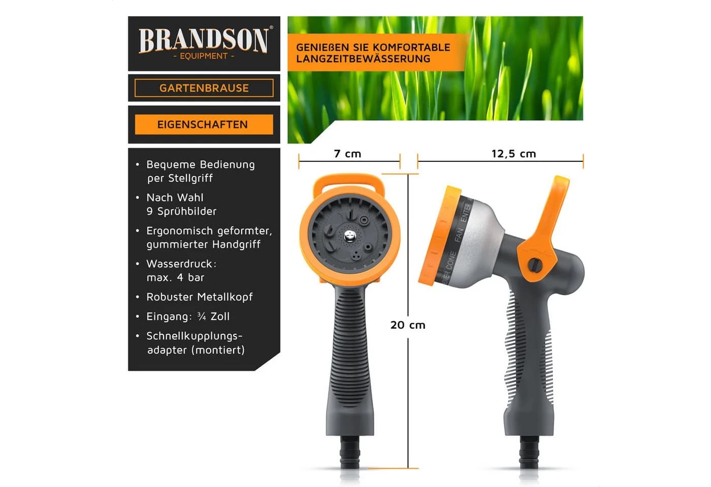 Brandson Multifunktionsbrause Garten Handbrause 9 Sprühprofile Metallkopf