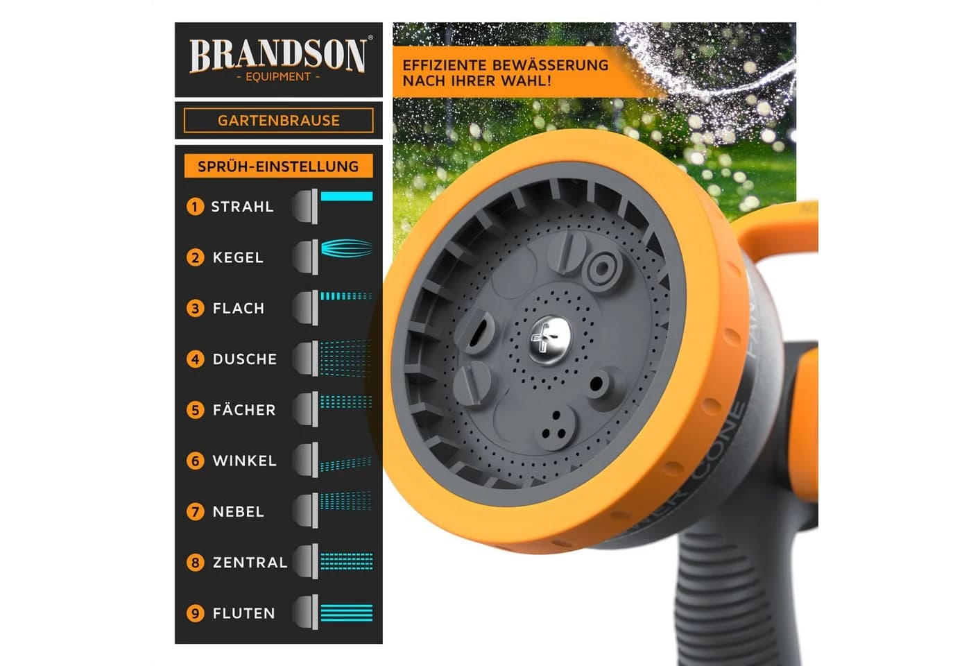 Brandson Multifunktionsbrause Garten Handbrause 9 Sprühprofile Metallkopf - Bild 3