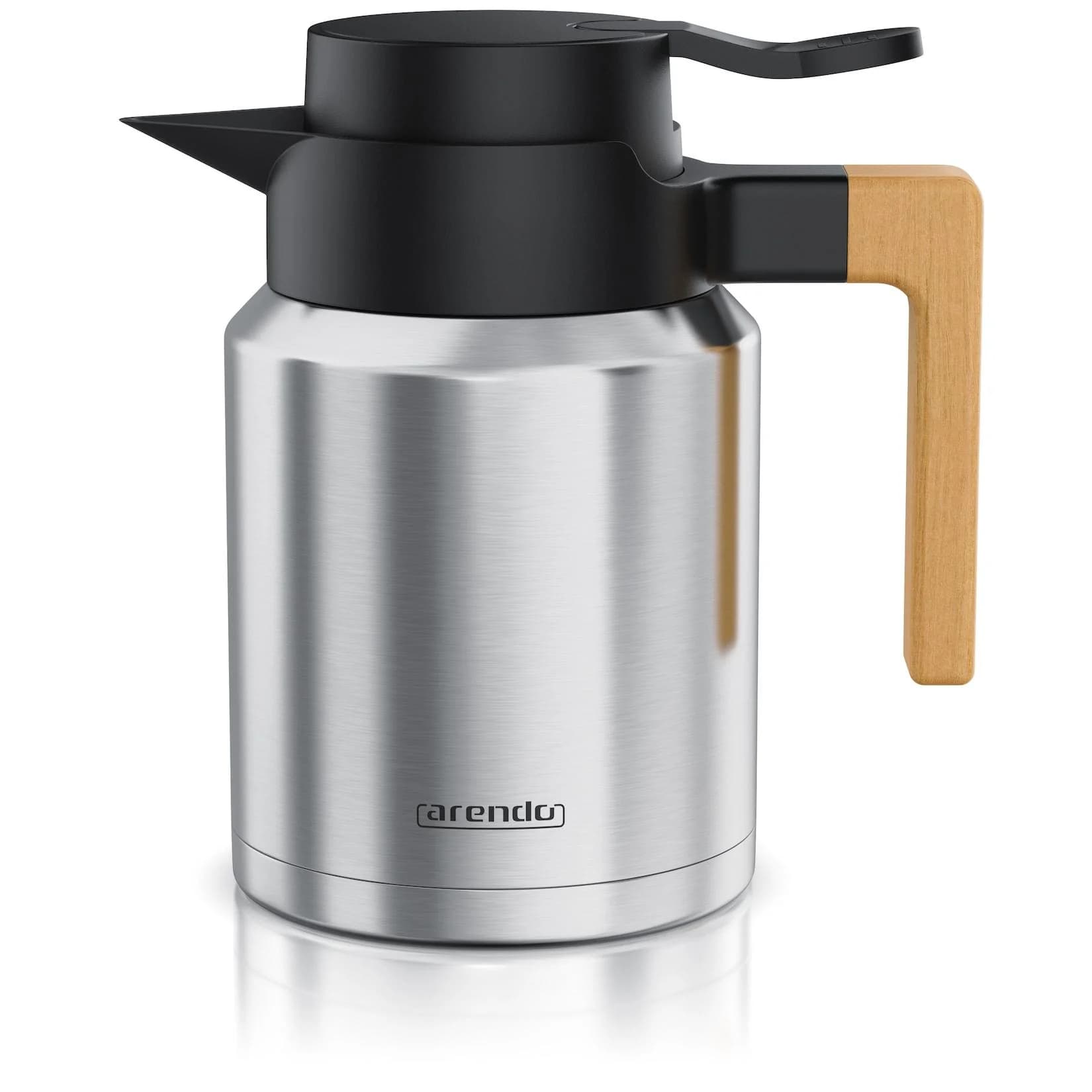 Arendo Isolierkanne 1,2 L Edelstahl Thermoskanne mit Holzgriff, doppelwandig, auslaufsicher, BPA-frei, 1200 ml, Quick-Tip-Verschluss, Deckel abnehmbar