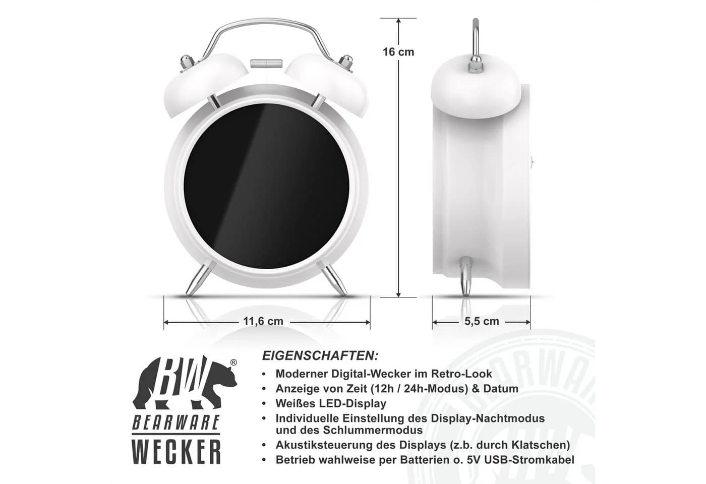 BEARWARE Wecker Digital Retro mit Lichtring und lautem Alarm - Bild 3