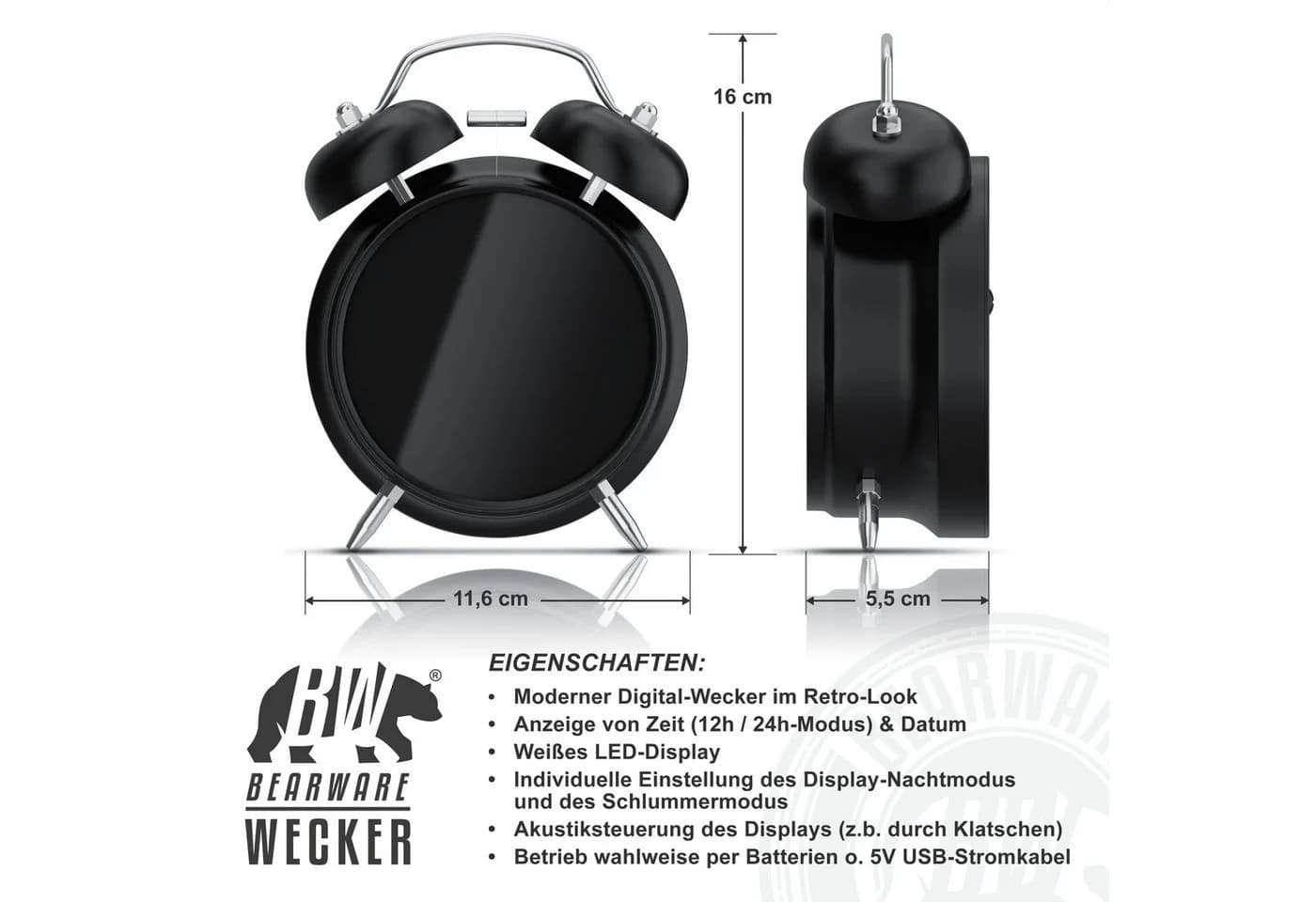 BEARWARE Wecker Digital Retro mit Lichtring und Lautem Alarm