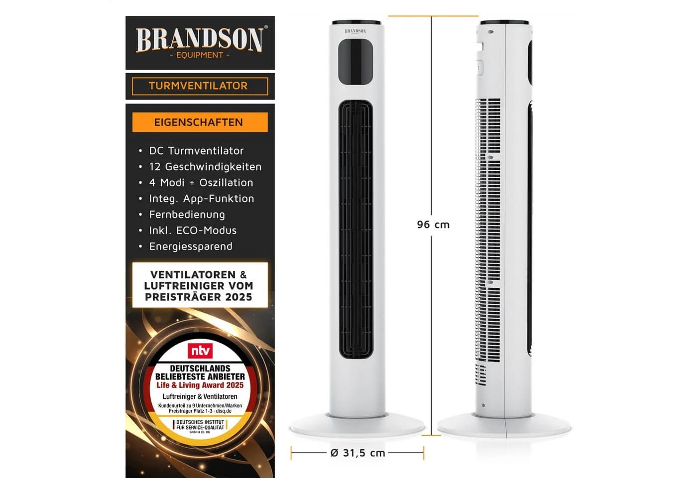 Brandson Turmventilator WiFi Weiß Eco DC-Motor 35W