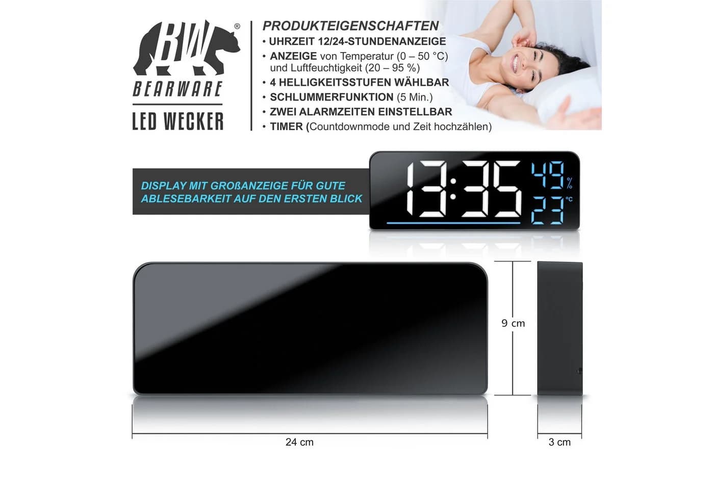 BEARWARE Digitaler LED Wecker 9,5 Zoll mit Sensor und 2 Alarmen
