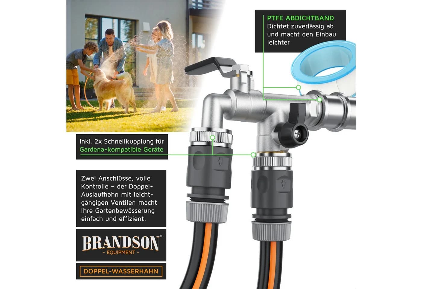 Brandson Garten-Wasserhahn Doppelanschluss Messing Silber - Bild 3