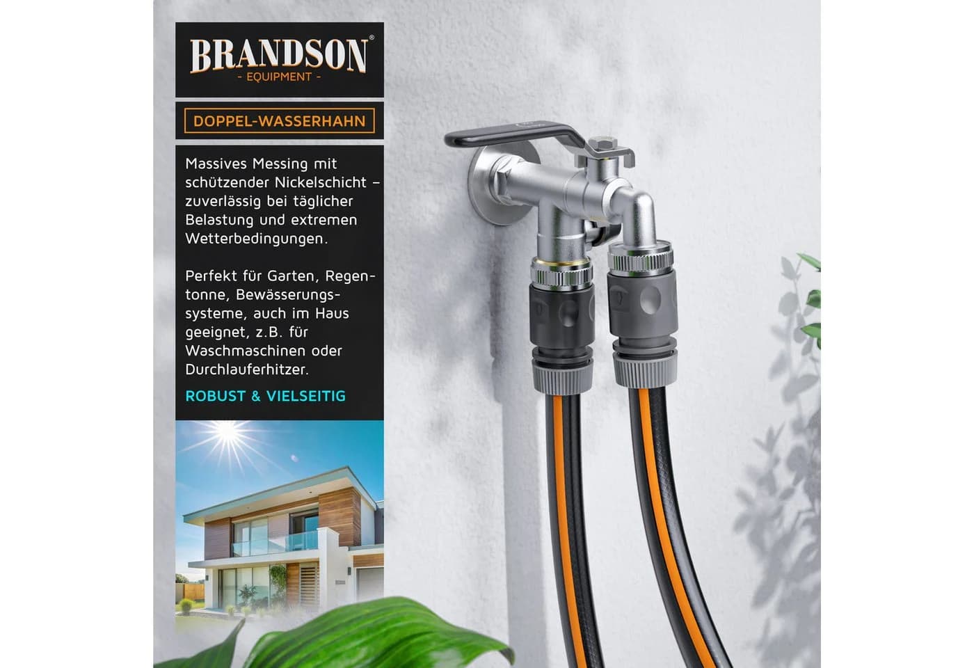 Brandson Garten-Wasserhahn Doppelanschluss Messing Silber - Bild 4