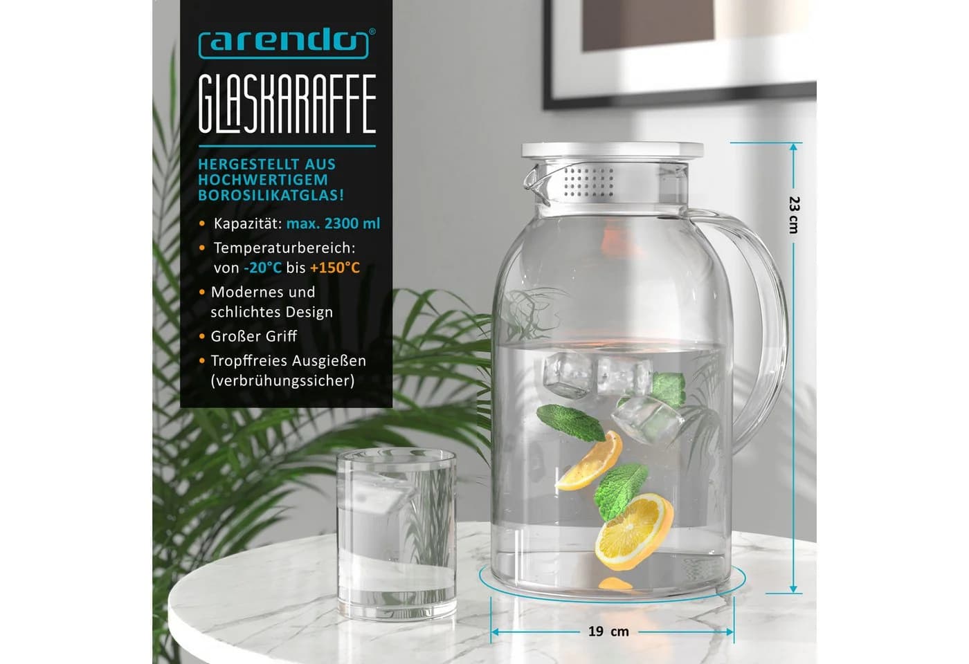 Arendo Glaskaraffe mit Deckel 2,3 Liter Borosilikatglas Edelstahl