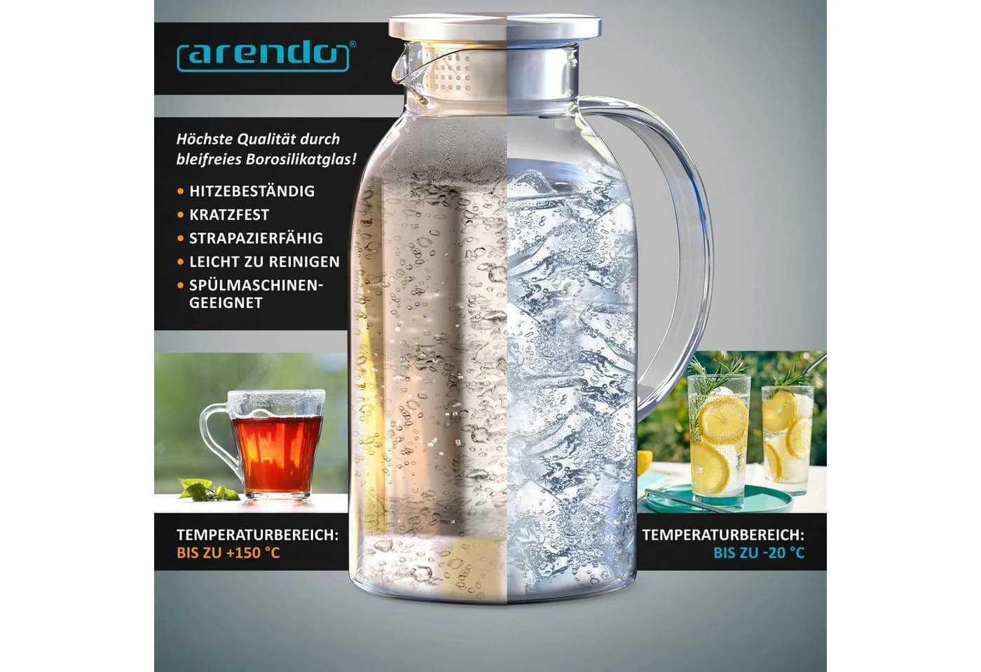 Arendo Glaskaraffe mit Deckel 2,3 Liter Borosilikatglas Edelstahl - Bild 4
